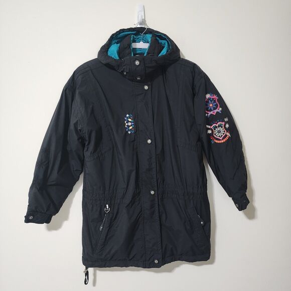 Vintage Obermeyer Womens Austin Hooded Ski Jacket Black Embroidered Size 8 - Picture 1 of 13